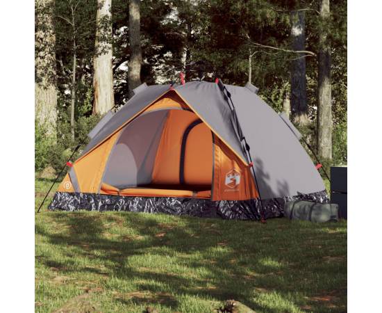 Cort camping cupolă 3 persoane, gri/portocaliu, setare rapidă