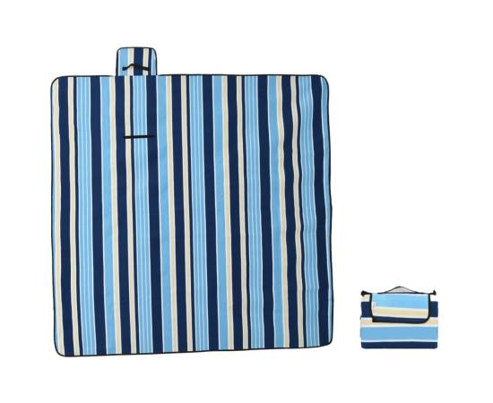 Pătură picnic pliabilă, dungi albastre alb, 200x200 cm catifea, 3 image