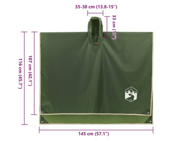 Poncho de ploaie cu glugă, design 2 în 1, verde, 223x145 cm, 9 image