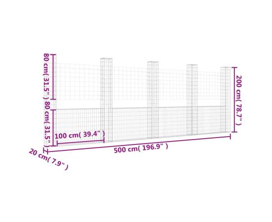 Coș de gabion în formă de u cu 5 stâlpi, 500x20x200 cm, fier, 6 image