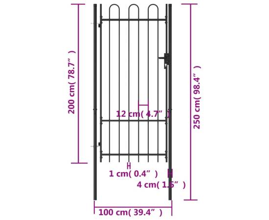 Poartă de gard, o ușă, cu vârf arcuit, negru, 1 x 2 m, oțel, 5 image