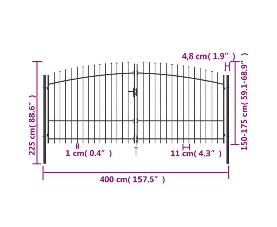 Poartă de gard cu două uși, cu vârfuri de suliță, 400 x 225 cm, 6 image
