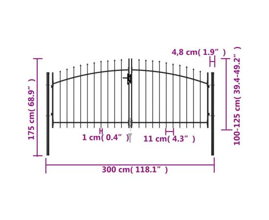 Poartă de gard cu ușă dublă vârf ascuțit negru 3x1,25 m oțel, 5 image