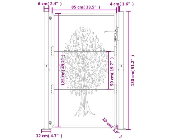 Poartă pentru grădină, antracit, 105x130 cm, oțel, design copac, 9 image