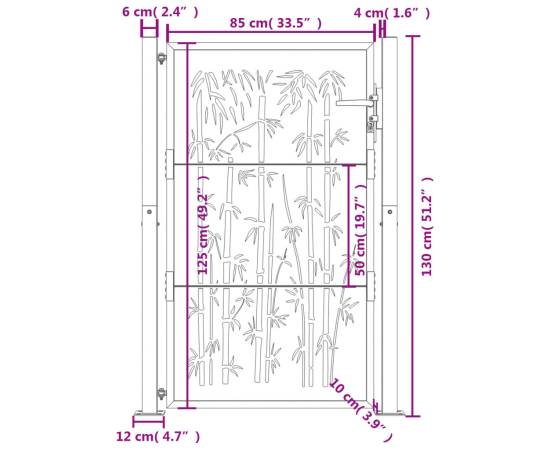 Poartă pentru grădină, antracit, 105x130 cm, oțel, model bambus, 9 image