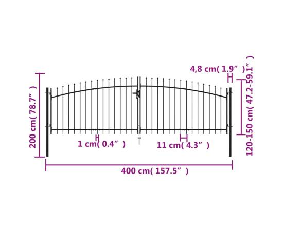 Poartă de gard cu două uși, cu vârfuri de suliță, 400 x 200 cm, 6 image
