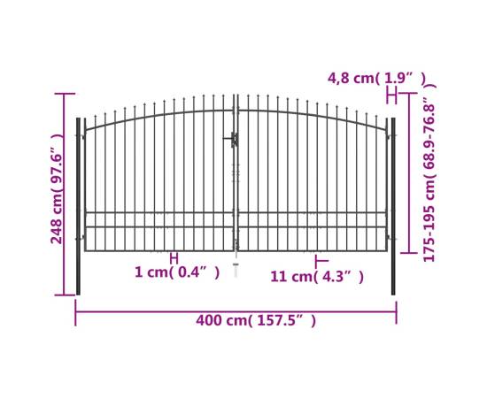 Poartă de gard cu două uși, cu vârfuri de suliță, 400 x 248 cm, 6 image