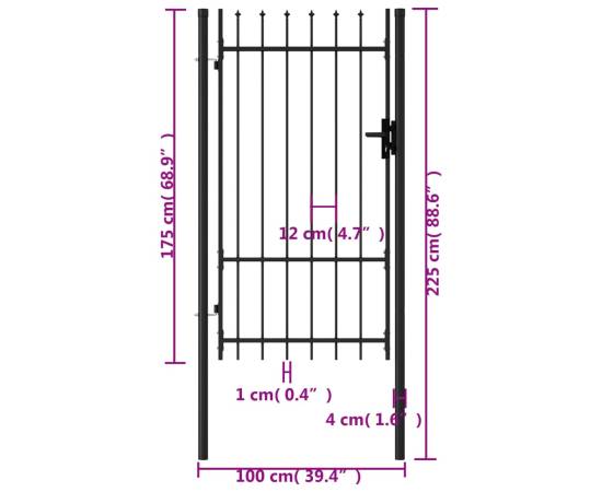 Poartă de gard cu o ușă, vârf ascuțit, negru, 1x1,75 m, oțel, 5 image