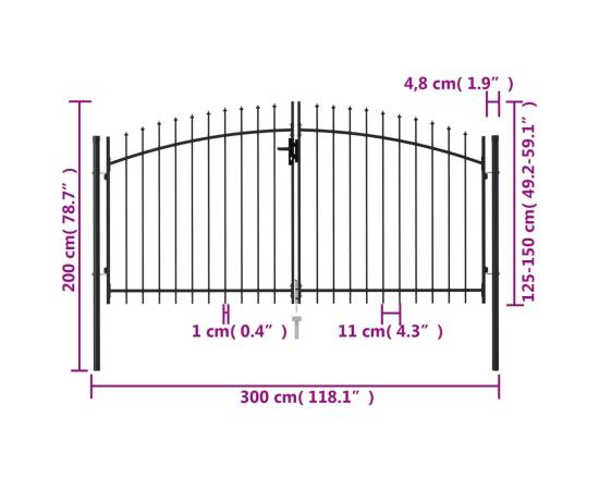 Poartă de gard cu ușă dublă & vârf ascuțit negru 3 x 1,5 m oțel, 5 image