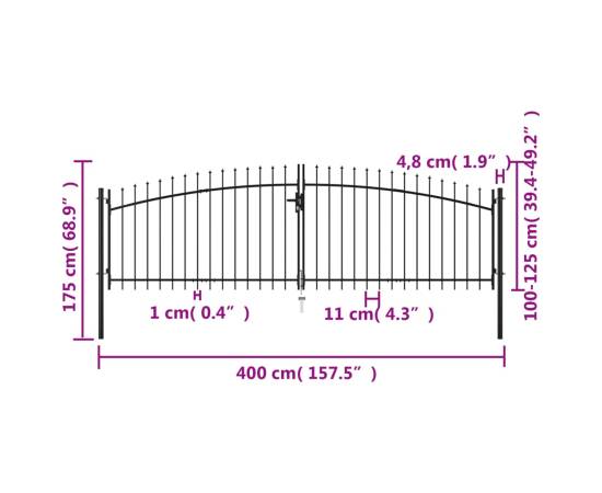 Poartă de gard cu uși duble, cu vârfuri de suliță, 400 x 175 cm, 6 image