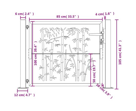 Poartă pentru grădină, antracit, 105x105 cm, oțel, model bambus, 9 image