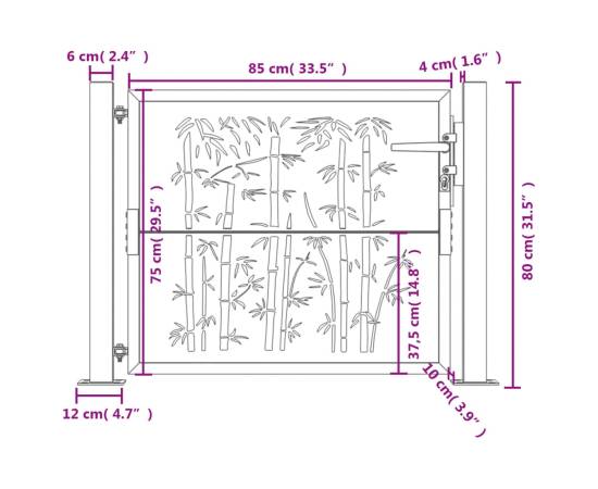 Poartă pentru grădină, antracit, 105x80 cm, oțel, model bambus, 9 image