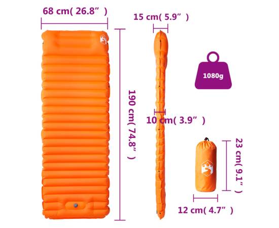Saltea camping auto-gonflabilă cu pernă, 1 persoană, portocaliu, 5 image