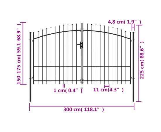 Poartă de gard cu ușă dublă, vârf ascuțit, negru 3x1,75 m oțel, 5 image