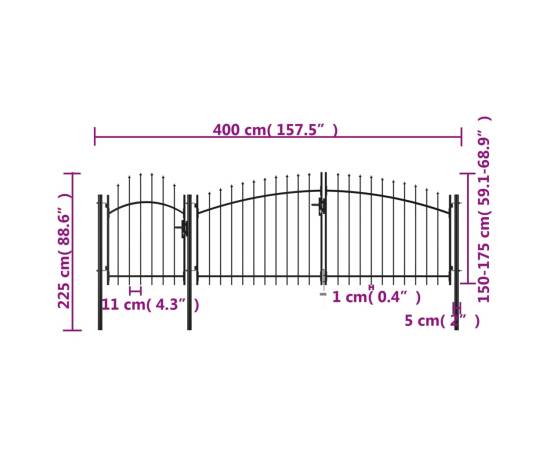 Poartă de grădină, negru, 2,25 x 4 m, oțel, 5 image