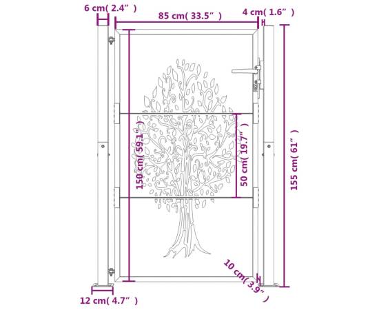 Poartă pentru grădină, antracit, 105x155 cm, oțel, design copac, 9 image