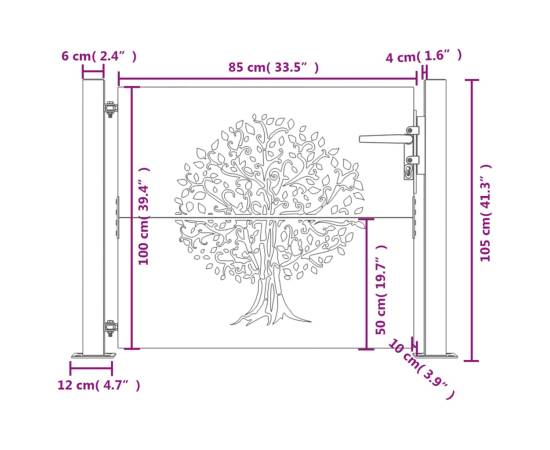 Poartă pentru grădină, 105x105 cm, oțel corten, model copac, 11 image