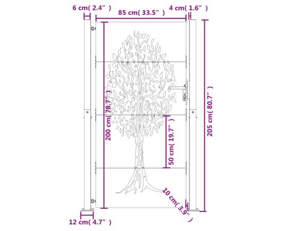 Poartă de grădină, 105x205 cm, oțel corten, model copac, 11 image