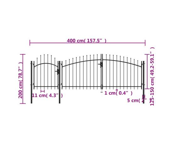 Poartă de grădină, negru, 2 x 4 m, oțel, 5 image