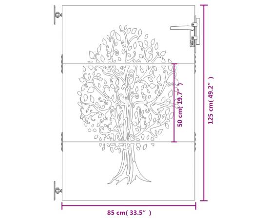 Poartă pentru grădină, 85x125 cm, oțel corten, model copac, 10 image