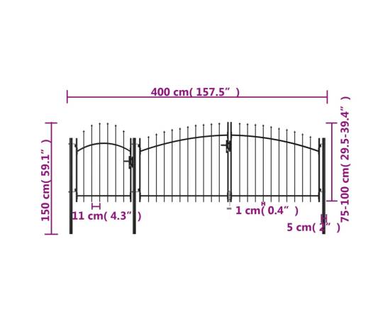 Poartă de grădină, negru, 1,5 x 4 m, oțel, 5 image