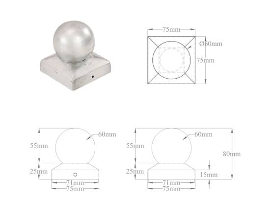 Capace stâlpi tip glob, 6 buc., 71 x 71 mm, metal galvanizat, 9 image