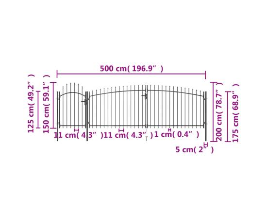 Poartă gard pentru grădină cu vârf suliță, negru, 5 x 2 m, 5 image