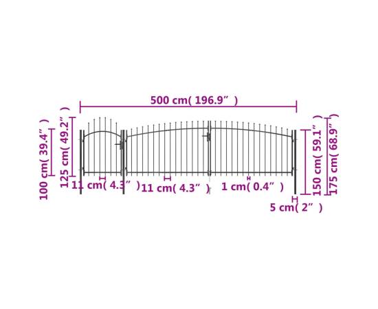 Poartă gard pentru grădină cu vârf suliță, negru 5 x 1,75 m, 5 image