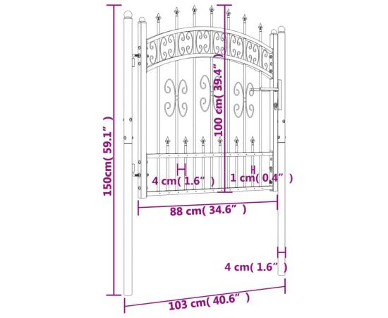 Poartă gard cu vârf negru 103x150 cm oțel vopsit electrostatic, 6 image