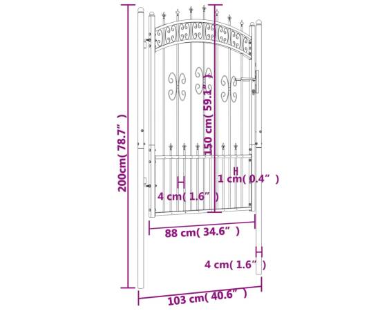 Poartă gard cu vârf negru 103x200 cm oțel vopsit electrostatic, 6 image