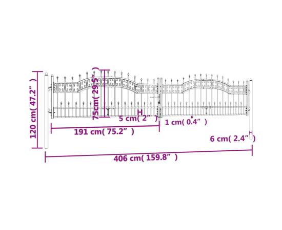 Poartă gard cu vârf negru 406x120 cm oțel vopsit electrostatic, 6 image