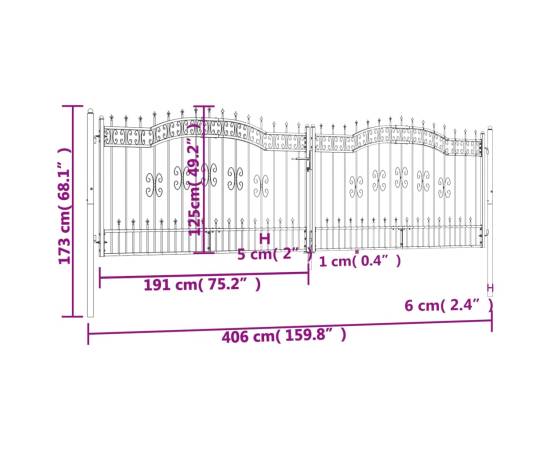 Poartă gard cu vârf negru 406x173 cm oțel vopsit electrostatic, 6 image