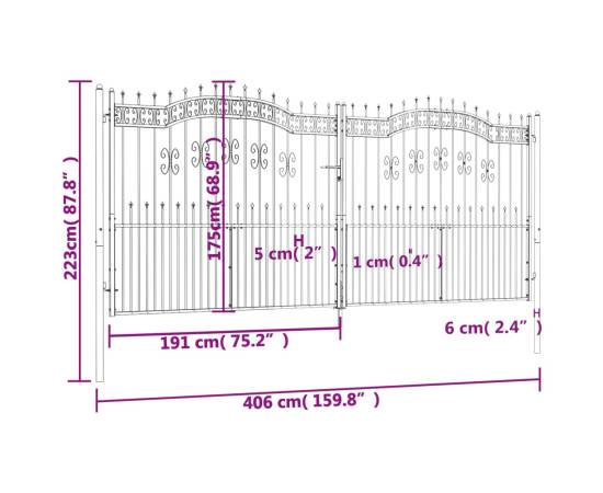 Poartă gard cu vârf negru 406x223 cm oțel vopsit electrostatic, 6 image