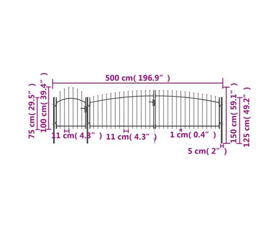 Poartă gard pentru grădină cu vârf suliță, negru 5 x 1,5 m, 5 image