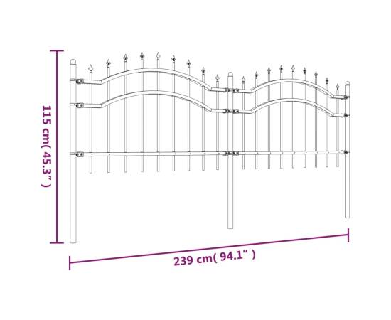 Gard grădină cu vârfuri negru 115 cm oțel vopsit electrostatic, 6 image