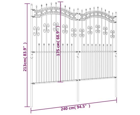 Gard grădină cu vârfuri negru 222 cm oțel vopsit electrostatic, 6 image