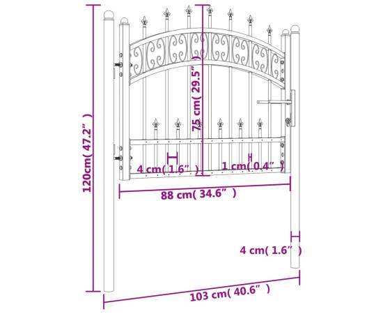 Poartă gard cu vârf negru 103x120 cm oțel vopsit electrostatic, 6 image