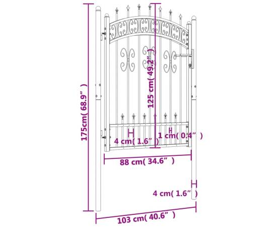 Poartă gard cu vârf negru 103x175 cm oțel vopsit electrostatic, 6 image