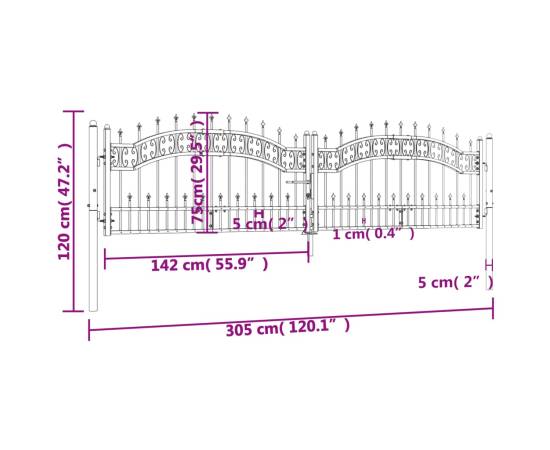 Poartă gard cu vârf negru 305x120 cm oțel vopsit electrostatic, 6 image