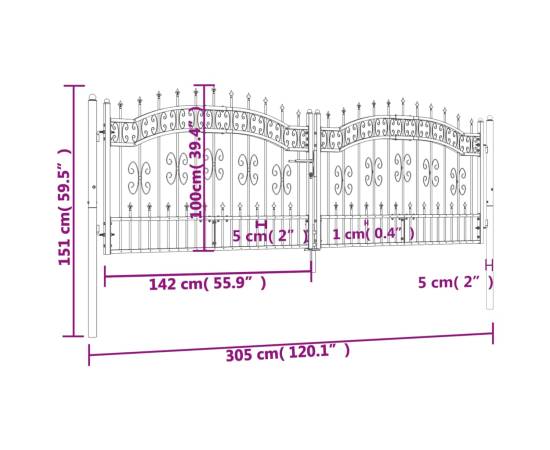 Poartă gard cu vârf negru 305x151 cm oțel vopsit electrostatic, 6 image