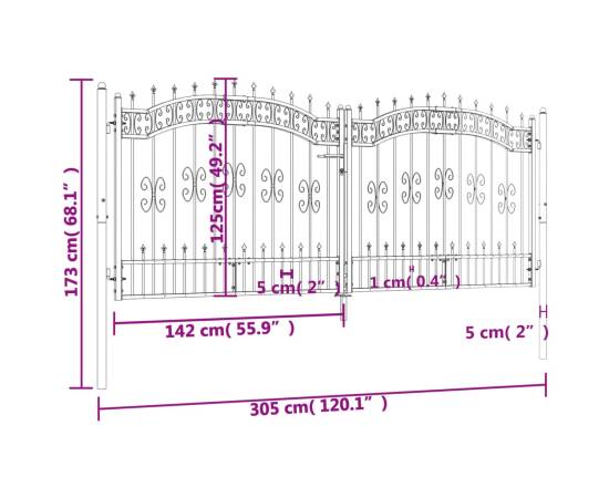 Poartă gard cu vârf negru 305x173 cm oțel vopsit electrostatic, 6 image