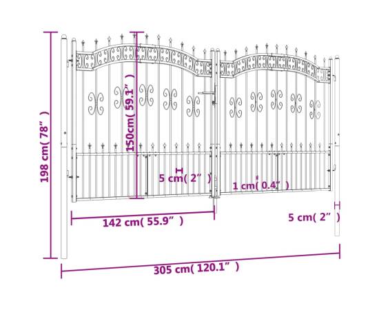 Poartă gard cu vârf negru 305x198 cm oțel vopsit electrostatic, 6 image