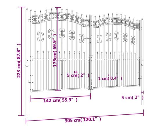 Poartă gard cu vârf negru 305x223 cm oțel vopsit electrostatic, 6 image