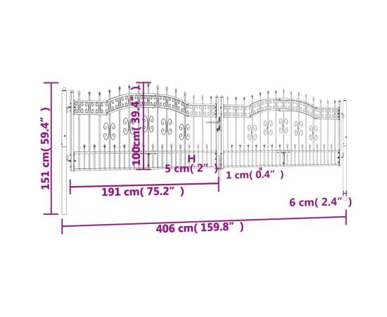 Poartă gard cu vârf negru 406x151 cm oțel vopsit electrostatic, 6 image