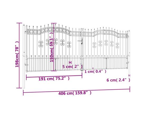 Poartă gard cu vârf negru 406x198 cm oțel vopsit electrostatic, 6 image