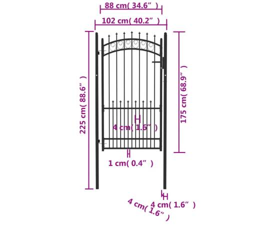 Poartă de gard cu țepușe, negru, 100x175 cm, oțel, 5 image