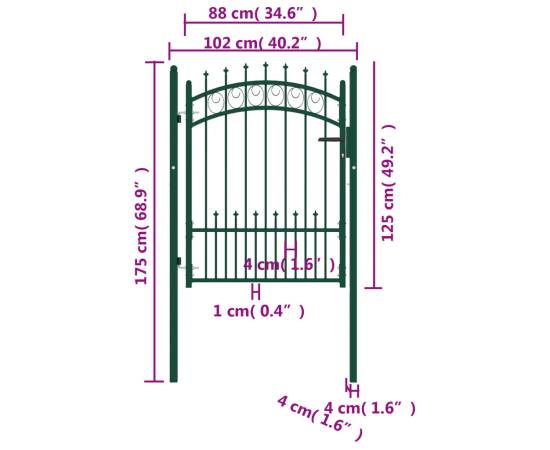 Poartă de gard cu țepușe, verde, 100x125 cm, oțel, 5 image