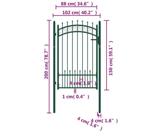 Poartă de gard cu țepușe, verde, 100x150 cm, oțel, 5 image