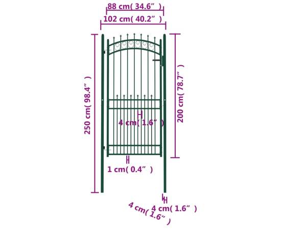 Poartă de gard cu țepușe, verde, 100x200 cm, oțel, 5 image
