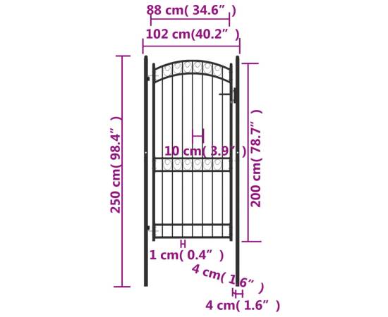 Poartă de gard cu arcadă, negru, 100x200 cm, oțel, 5 image